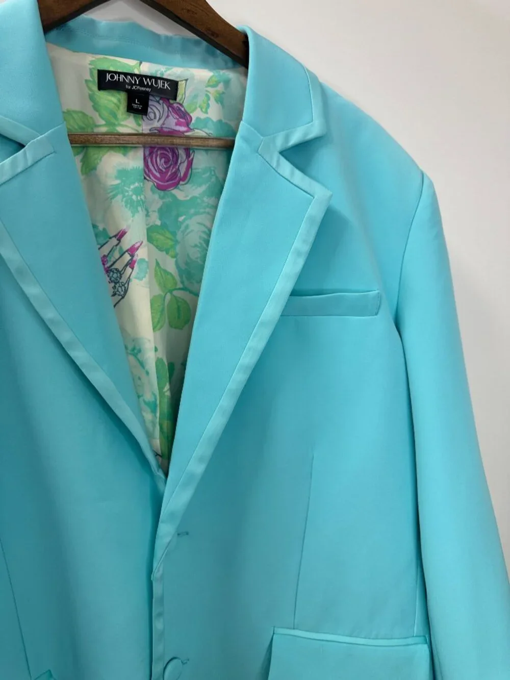 Johnny Wujek Suit Blazer Satin Trim Floral Lined Jacket Oversized Wedding Party - Picture 6 of 13
